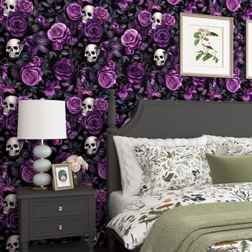 Black Purple Wallpaper Peel and Stick, Dark Floral Skull Contact Paper 17.5" x 393.7", Vintage Rose Gothic Flowers Wall Paper Self Adhesive Waterproof Removable for Bathroom Cabinet Drawer Table Decor Black Purple Wallpaper Peel and Stick, Dark Floral Skull Contact Paper 17.5" x 393.7", Vintage Rose Gothic Flowers Wall Paper Self Adhesive Waterproof Removable for Bathroom Cabinet Drawer Table Decor
