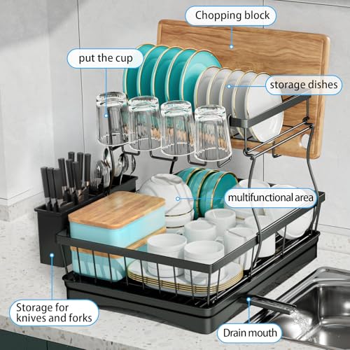 7 code Large Dish Drying Rack for Kitchen Counter,Detachable Large Capacity Dish Drainer Organizer with Utensil Holder,2-Tier Dish Drying Rack with Drain Board,Black - Image 5