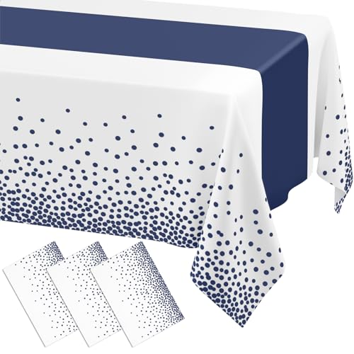 Image of Smiry Plastic Table Cloth Disposable 3 Pack, 54 x 108 Inch Rectangle Waterproof Tablecloth, Printed Gold Table Runner Style for Birthday Weeding, Party Decorations, Leakproof & Sturdy, White and Navy