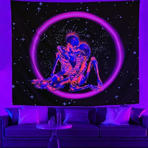 Manicer Blacklight Skull Tapestry, The Kissing Lovers Tapestry UV Reactive Trippy Moon and Stars Neon Tapestries Glow in The Dark Party Backdrop, Skeleton Wall Art for Bedroom - 29.5” x 39.4” Cover