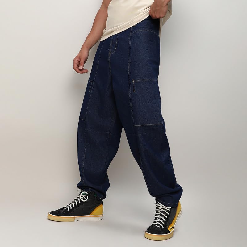 Image of CAHOOT Men's Cargo Denim Jeans for Everyday Wear | Dark-Wash | Button Closure |Regular Fit | Oversized Fit | Denim Jeans Crafted with Comfort Fit for Everyday Wear
