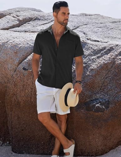 Image of COOFANDY Men's Button Down Shirts Short Sleeve Casual Shirts Summer Beach Linen Shirts with Pocket