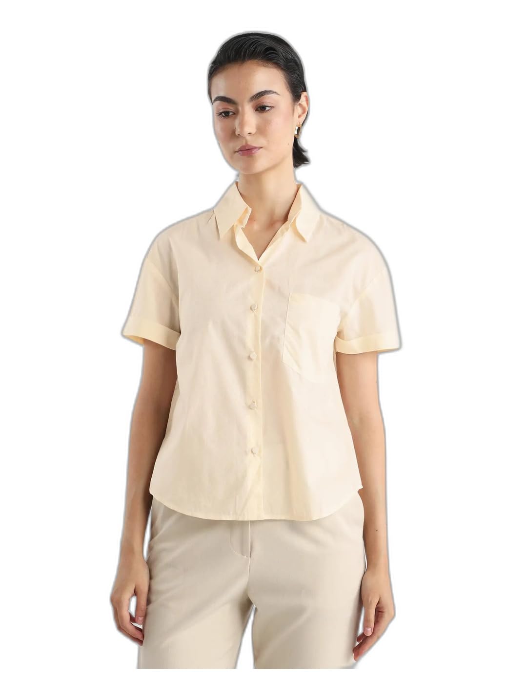 rareism Women's Mium Beige Cotton Drop Collar Geometric Print Regular Fit Shirt-picture-23