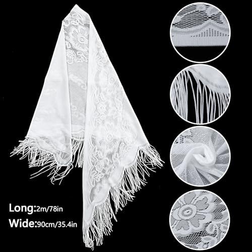White Lace Shawls Wraps Triangle Scarf with Fringe, Mesh Fringe Shaw for Evening Dresses, Women Soft Lace Scarf with Tassels for Evening Party Dress, Mesh Floral Wedding Shawls4