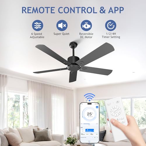 Image of Obabala 52 Inch Ceiling Fan No Light, Outdoor Indoor Flush Mount Low Profile DC Motor Fan with Remote and APP, 5 Blades Reversible Silent Fan for Patio, Bedroom, Living Room, Garage, Black