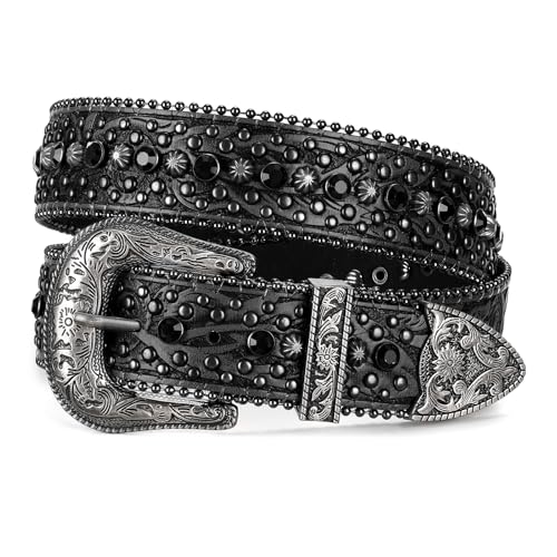 JASGOOD Rhinestone Belt for Women Men Bling Studded Western Cowboy Cowgirl Belts for Jeans Black
