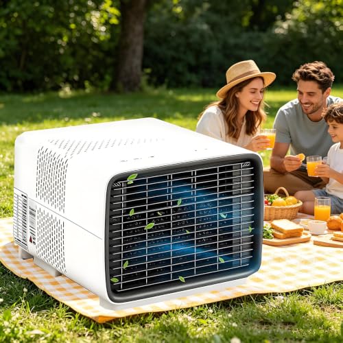 Aire acondicionado portátil con compresor real de 2700 BTU, bajo consumo de 280 W y modo nocturno silencioso (45 dB); ideal para autocaravanas, tiendas de campaña, dormitorios y viajes al aire libre.