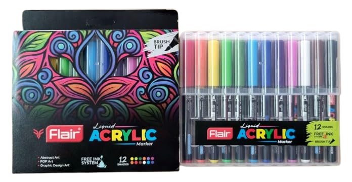 Image of FLAIR Liquid Acrylic Marker 12 Assorted Shades With Brush Tip, High & Rich Pigmented Colours| True Opaque, Bold & Broad Strokes, Multi-Surface Use| For Abstract, Pop & Graphic Design Art
