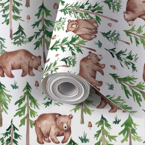 Peel and Stick Wallpaper Forest seamless hand drawn watercolor Woodland animals paper Brown Self Adhesive Wallpaper Waterproof Contact Paper for Cabinets Wall Paper for Bedrooms Kitchen 17.7''x118''
