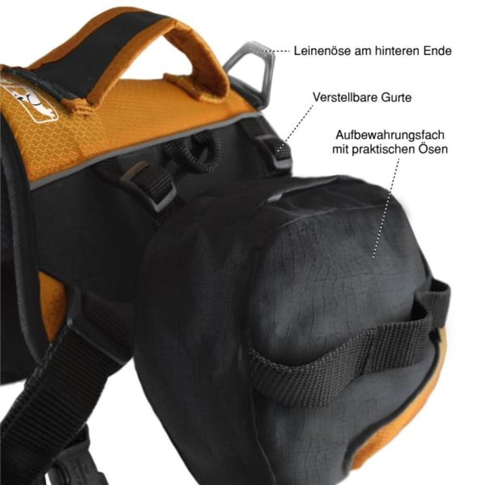 Kurgo Baxter Hunderucksack mit Geschirr - Abenteuer Rucksack - Ergonomische Rückenstütze - Ausbalanciertes Design - Langlebiger Wanderrucksack, Hundezubehör - Baxter (13-39 kg) - Schwarz/Orange