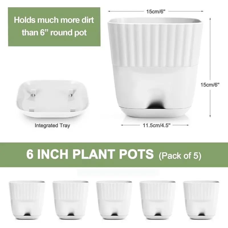 Image of StyleX Store Pack of 5 Self Watering Flower Pot, Indoor Outdoor Modern Plant Pot with Integrated Water Tray for Home Balcony Garden Office, Square Decorative Pot for Plants Succulents Herbs (White)