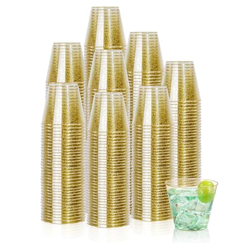 I00000 5oz 200 Pack Shot Glasses, Small Gold Glitter Disposable Plastic Cups,Plastic Party Cups for Vodka, Whiskey, Great Container for Sauce,Medicine and Pudding by I00000 - Used condition - US$21.93