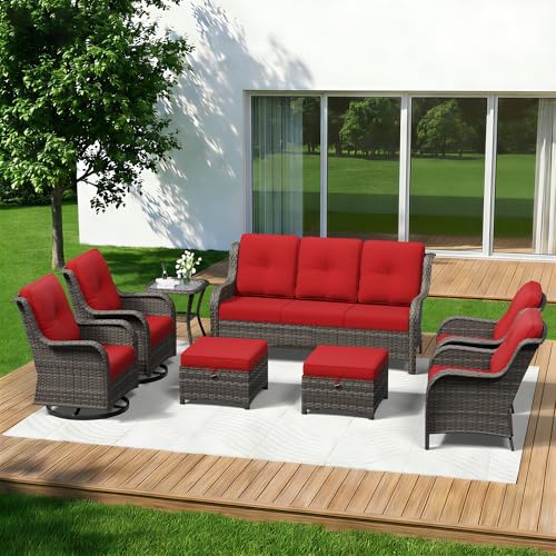 Image of 8 Piece Outdoor Wicker Patio Furniture Set, Patio Chairs Set with Thickened Olefin Cushions, High Back and Deep Seating, Hand-Woven PE Rattan, Ottoman for Porch, Deck