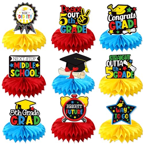 5TH Grade Graduation Honeycomb Centerpieces, 5th Grade Graduation Decorations 2025, Boys Girls Fifth Grade Grad Party Supplies, Elementary School Grad Party Decorations - 9Pcs