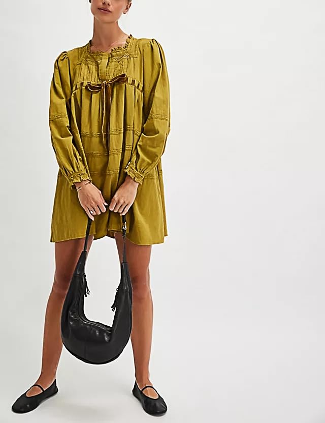 Women Bow Tie Mini Babydoll Dress Spring Cute Embroidery Floral T-Shirt Dress Y2k Long Sleeve Short Flowy Sundress2