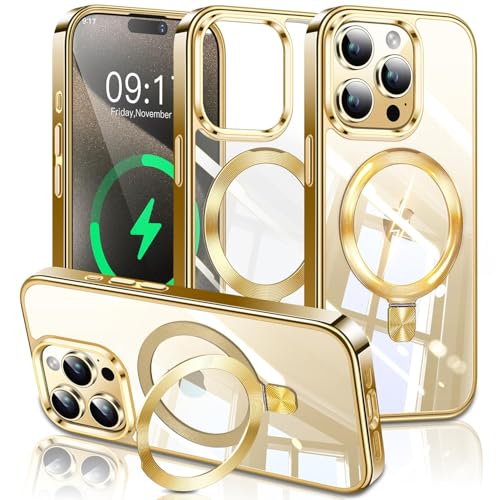 Image of ESTPEAK Titanium Gold CD Mag-Stand Case for iPhone 15 Pro Case with Invisible Magnetic Ring, [Fit for MagSafe] [Never Yellowing] Top Clear Phone Case Cover for iPhone 15 Pro 6.1 inch Men Women