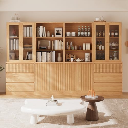 TUSY 71'' Freestanding Tall Storage Cabinet, 5 Tier Wood Bookcase with Drawers and Tempered Glass Doors, Large Floor Cabinet, Combination Storage Shelves for Living Room, Home Office (DCCD)