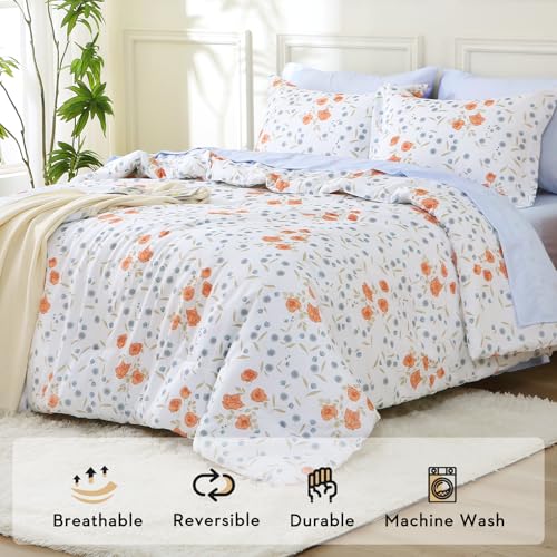 Image of MUXHOMO Orange Blossom Full Comforter Set, Elegant Floral Print Bed in a Bag 7 Pieces, Ultra Soft & Breathable Reversible Botanical Pattern Bedding Set with Comforter, Sheets, Pillowcases, and Shams