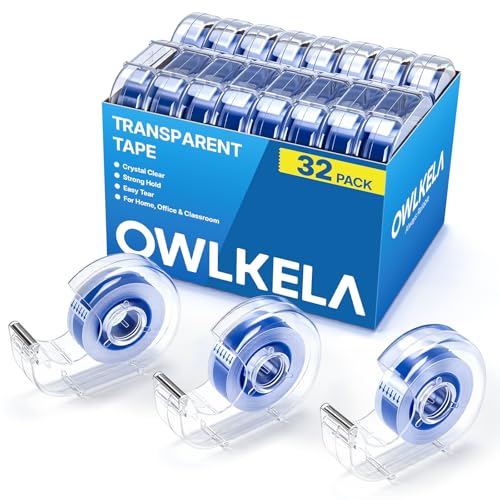 Image of OWLKELA 32 Pcs Clear Tapes, 0.7 inch x 28 yds per roll | Refillable Dispensers,Transparent Tape Refills, 1 inch Blue Core, Ideal for Home, School & Office