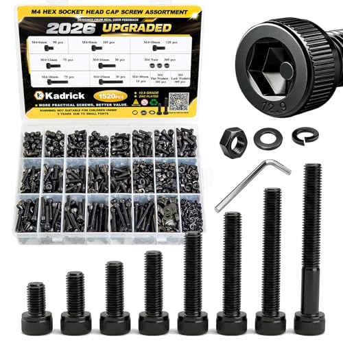Image of Kadrick M4 Screws Kit 1520PCS, M4x6MM-25MM Bolts with Nuts,Washers & Hex Wrench, Optimized Size Distribution, Class 12.9 Socket Head Cap M4 Screws, Black Zinc Plated, for Mechanical, Repair & DIY