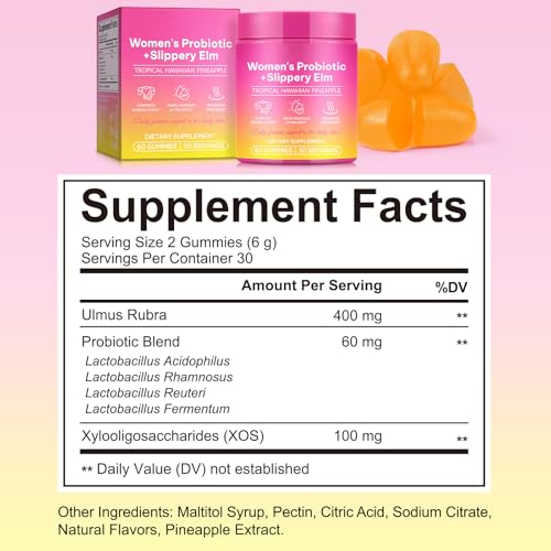 Image of Feminine Probiotics Gummies,With Slippery Elm & Prebiotic Fiber,Probiotic Health Support,PH Balance Gummies for Women,Promotion of Womens Health,Natural Pineapple Flavor,Vegan,Gluten-Free,60 Count