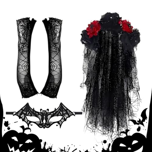 Day of the Dead Costume - Women’s Veil Set, Mexican Day of the Dead Accessories | Faux Flower Veil, Lace Maskks, and Gloves | Women’s Halloween Cosplay Outfit for Role Play, Masquerade, Party, Bride,