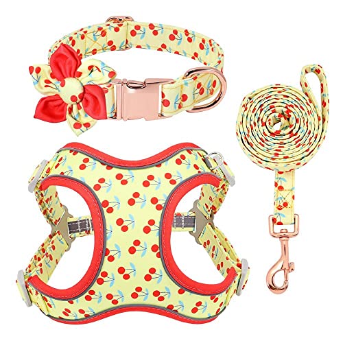 ペットリーシュ、 リーシュセット イエロー プリント 犬用首輪 パーソナライズ ペット ハーネス ウォーキングリーシュ 中型 大型犬用 S(M)