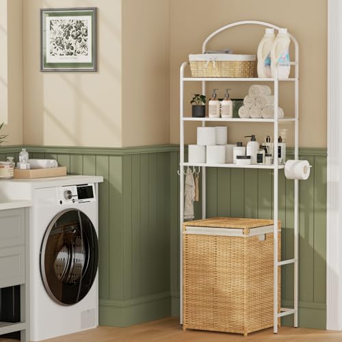 3-Tier Over The Toilet Storage, Bathroom Organizer, Space-Saving, Above Toilet Storage Rack with 4 Hooks and Paper Holder, Metal Shelf, White - Image 3