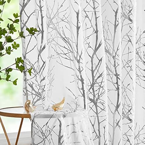 FMFUNCTEX Voile Gardinen mit Ösen Silber Folie Weiß Baumzweigen Bedruckt Transparente Gardinen Ösenschal Vorhänge Luxuriös Modern Ösenschals Cover