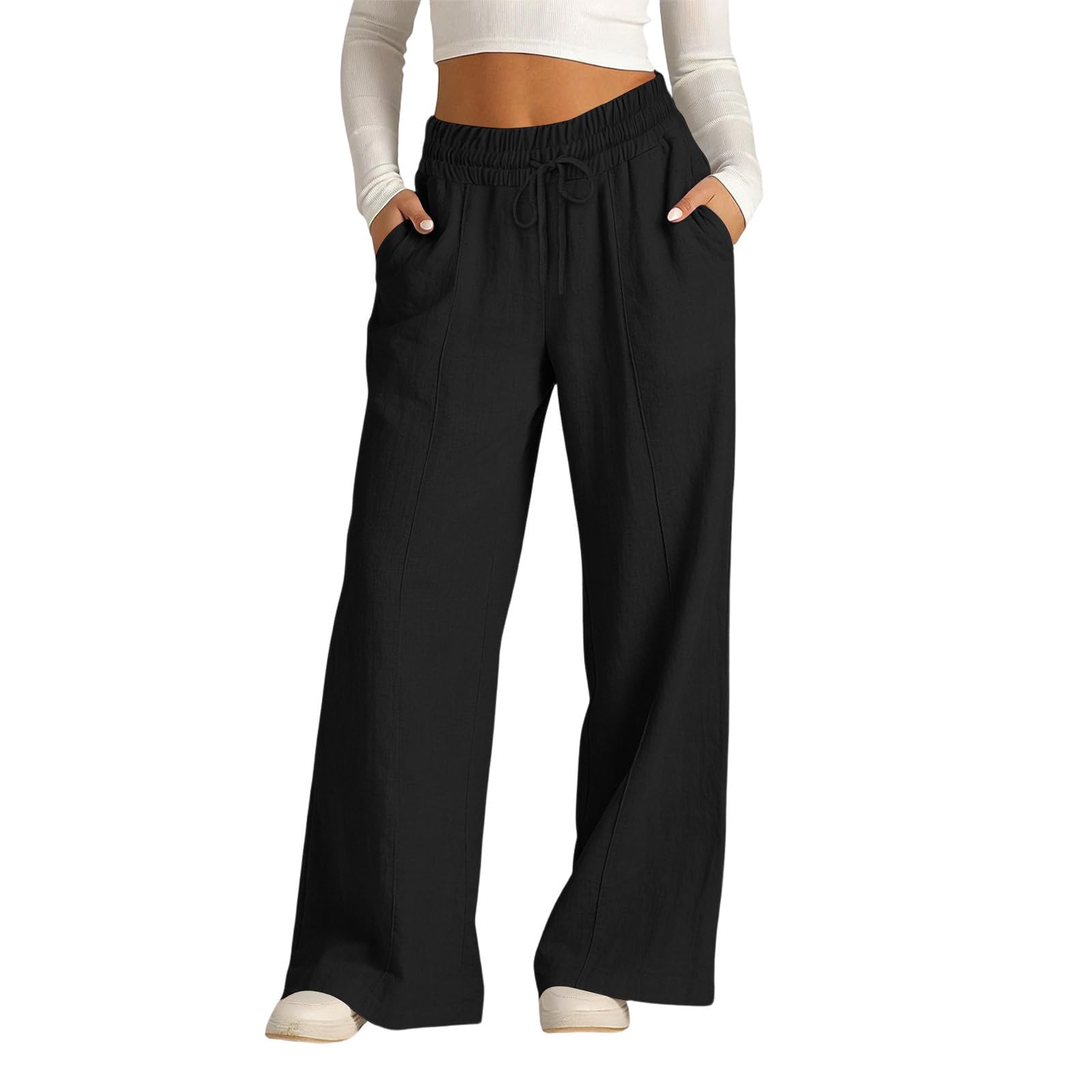 Women's Cotton Linen Pants Summer Straight Wide Leg Trousers Drawstring Elastic Waist Loose Beach Vacation Outfits