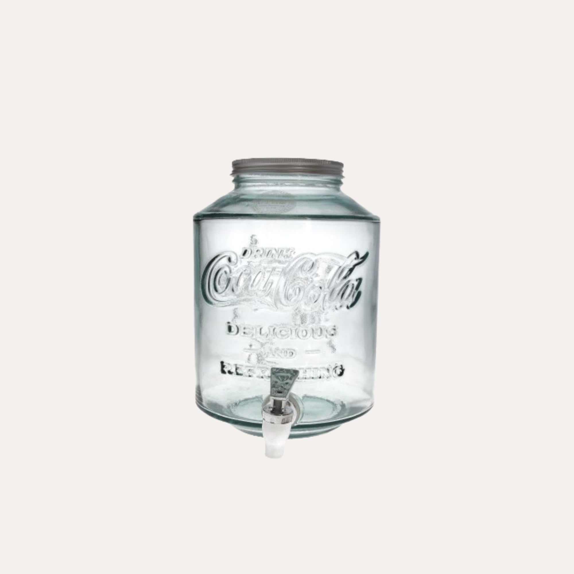 Keyhomestore Szklany dozownik Coca-Cola z kranem 5 l – wysokość 27 cm, szerokość 20 cm, głębokość 23 cm – idealny do napojów, koktajli i codziennego użytku