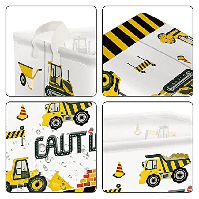 Clastyle Cartoon Construction Cars Shelf Basket for Kids Room Cranes Excavator Bulldozer White Rectangle Clothes Toys Cube Storage Basket, 36L