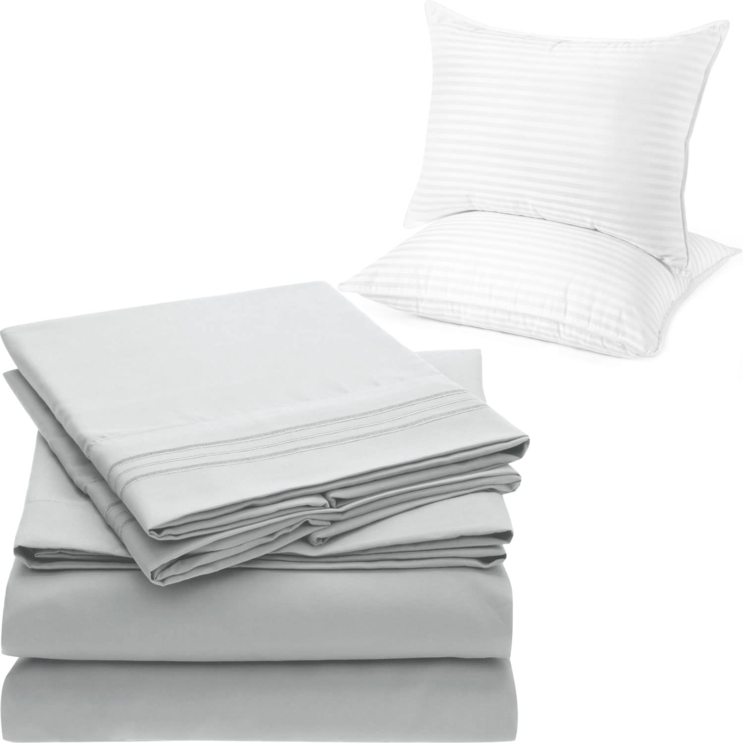 Mellanni Bed Sheet Set + 2 Pillows Bundle&Save - Hotel Luxury Bedding - Bundle Includes: 4pcs King Bed Sheet Set and Set of 2 Pillows King Size 20" x 36" (King, Light Gray/White)