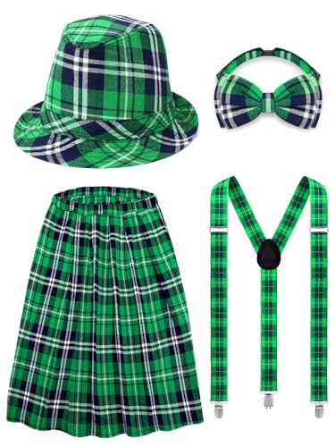 Jansun Premium St Patrick's Day Costume Set, St Patricks Day Outfit Leprechaun Outfit with Hat, Bow Tie, Suspenders Kilt Skirt for Men Women Green