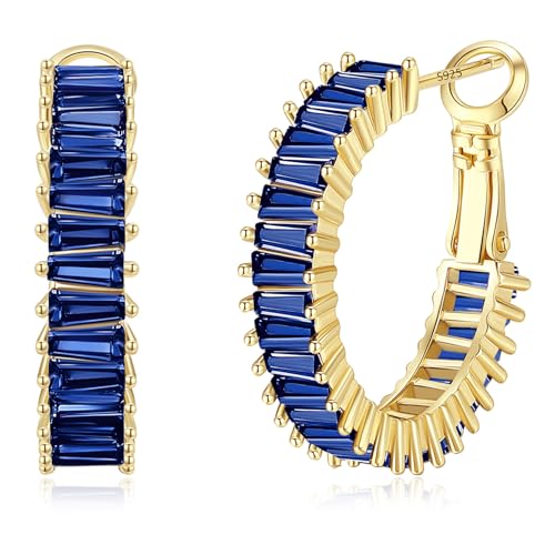 GLOQUAT Gold Blue Sapphire Hoop Earrings 14K Gold Plated Sapphire Earrings for Women Vintage Baguette Cubic Zirconia Hoop Earring Fashion Round Circle Hoops Blue Jewelry for Women 25mm