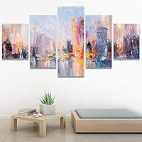 SIGNWIN 5 Panel Canvas Wall Art Modern Art Cityscape Contemporary Expressive Multicolor Photography Places for Home Decorations Ready to Hang - 60