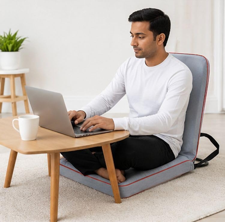 Kawachi Right Angle Back Support Floor Chair Portable Foldable Meditation and Yoga Seat with Firm Backrest Lightweight Comfortable Floor Seating for Home (Blue) 2