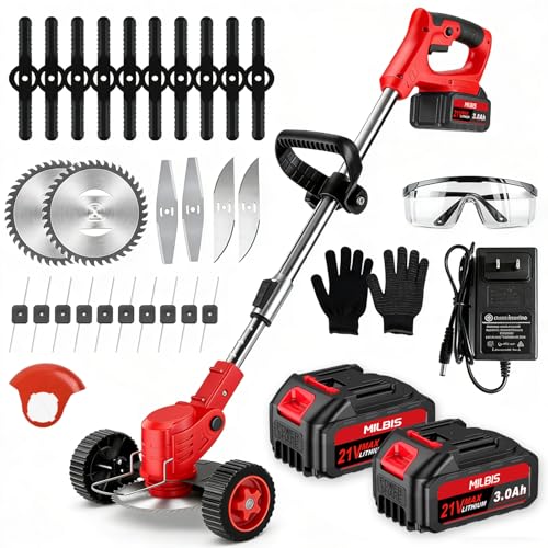 Cordless Weed Wacker with Wheels 880W Electric Weed Eater Battery Powered with 2 x 21V Batteries 3-in-1 Grass Trimmer/Brush Cutter with 5 Types Blades for Lawn Yard & Garden