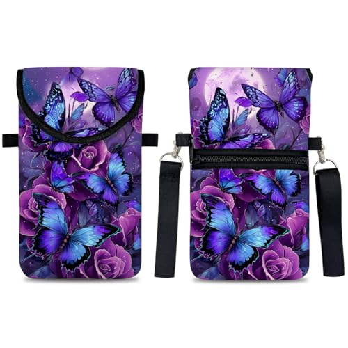 Image of Neoprene Cell Phone Sleeve Pouch Case Bag with Crossbody Strap Neck Lanyard for Women 7.5 X 4.3 in Purple Butterfly