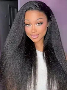 Kinky Straight Half Wig Human Hair 3 In 1 Seamless Flip Over Half Wigs for Black Women Ready to Go Headband Wig 180% Density Drawstring Kinky Curly Half Wig Glueless Natural Black 22 Inch