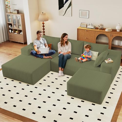 Image of 96 inch U-Shape Cloud Couch, Modern Modular Sectional L-Shape Sofa with Ottoman, Corduroy Upholstered Couches Deep Seat Sleeper Chaise Longue for Living Room, No Assembly Required(Green, Left Facing)