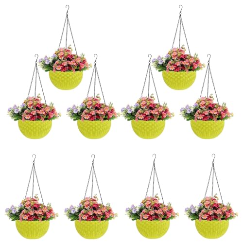 Image of Go Hooked Hanging Plastic Pot | Yellow | Diameter 7.1 Inch | Height 4.8 Inch | Thickness 3 mm | Chain Length 13 Inch Approx. | 10 Pieces