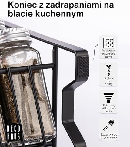 Deco Haus Stojak na Przyprawy ze Słoikami na Przyprawy - 3-poziomowy Metalowy Organizer Kuchenny - 24 Słoiczki, 48 Etykiet, Pędzelek, Haczyki, Lejek - Półka Wolnostojąca lub na Ścianę - Czarny Regał