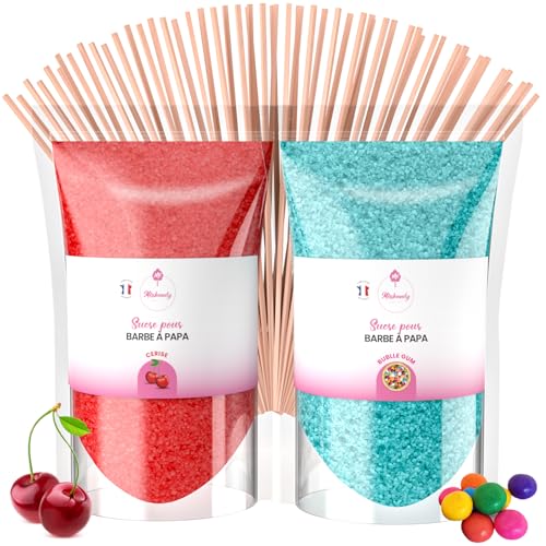 Misskandy Zuckerwatte Zucker (Farbstoffe ohne Azofarbstoffe) / 2 * 160Gr)/Erdbeere Heidelbeere Zitrone/zuckerwattemaschine zucker/Aromazucker + 10 Stäbchen (Free) (Kirsche/Kaugummi)