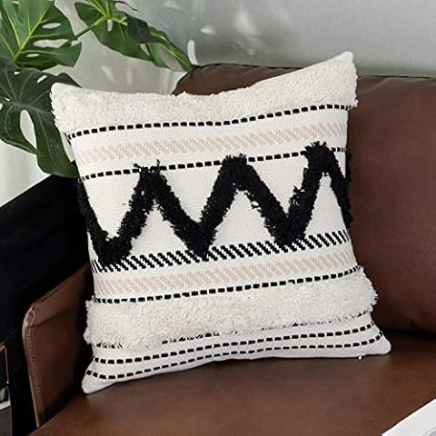 Sungea Farmhouse Boho Throw Pillow Cover, 18 x 18 Black and White Bohemian Woven Pillow Case for Sofa, Black Wave Tufted Textured Decorative Accent Square Pillows Cover for Couch Living Room Bedroom Cover