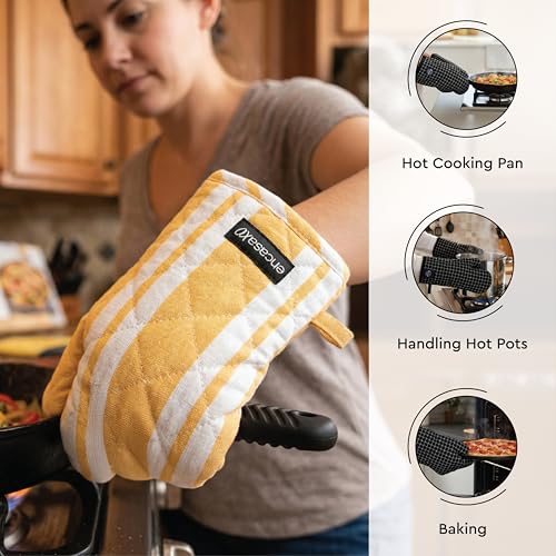 Image of Encasa XO 100% Cotton Apron Set for Women & Men with Adjustable Apron, Oven Gloves & Pot Holder (Pack of 3) Combo, Heat-Resistant, Soft & Durable for Cooking, Baking & Grilling (Franca Yellow Stripes)