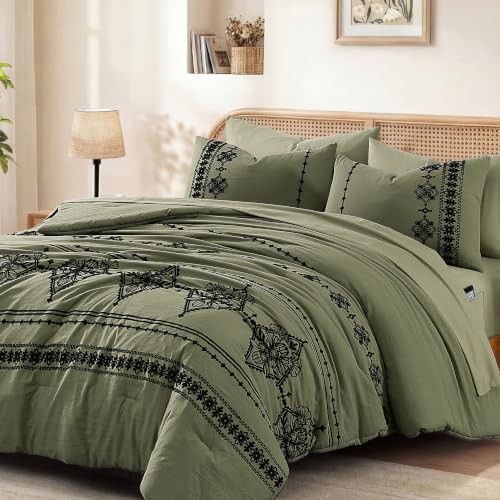 Image of MaiReve Full Size Comforter Set Embroidery Floral 7 Pieces Bed in a Bag