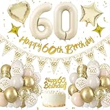 Decoracion 60 Cumpleaños Mujer Hombre, Globos 60 Cumpleaños,Dorado Blanco Cumpleanos de 60 Años,Feliz Cumpleaños Pancarta Globo Número 60,Globos de Aluminio,Adorno para Tartas,Decoracion de Fiesta