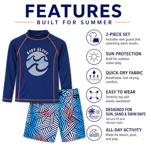 Image of Body Glove Boys Swim Set - 2 Piece Boys Swim Trunks with Rash Guard UV Protection Swimsuit Kids Bathing Suits (Sizes 4-12)