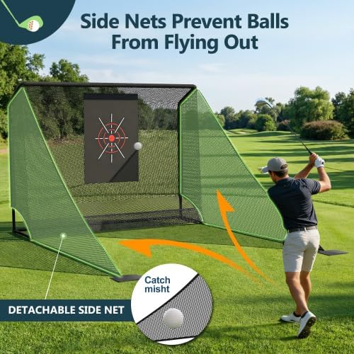 10x7ft Golf Hitting Net with Detachable Side Barriers & Heavy Duty Steel Frame,Golf Practice Hitting Nets for Backyard,Portable Driving Net w/Carry Bag & Stakes, Chipping & Swing Training